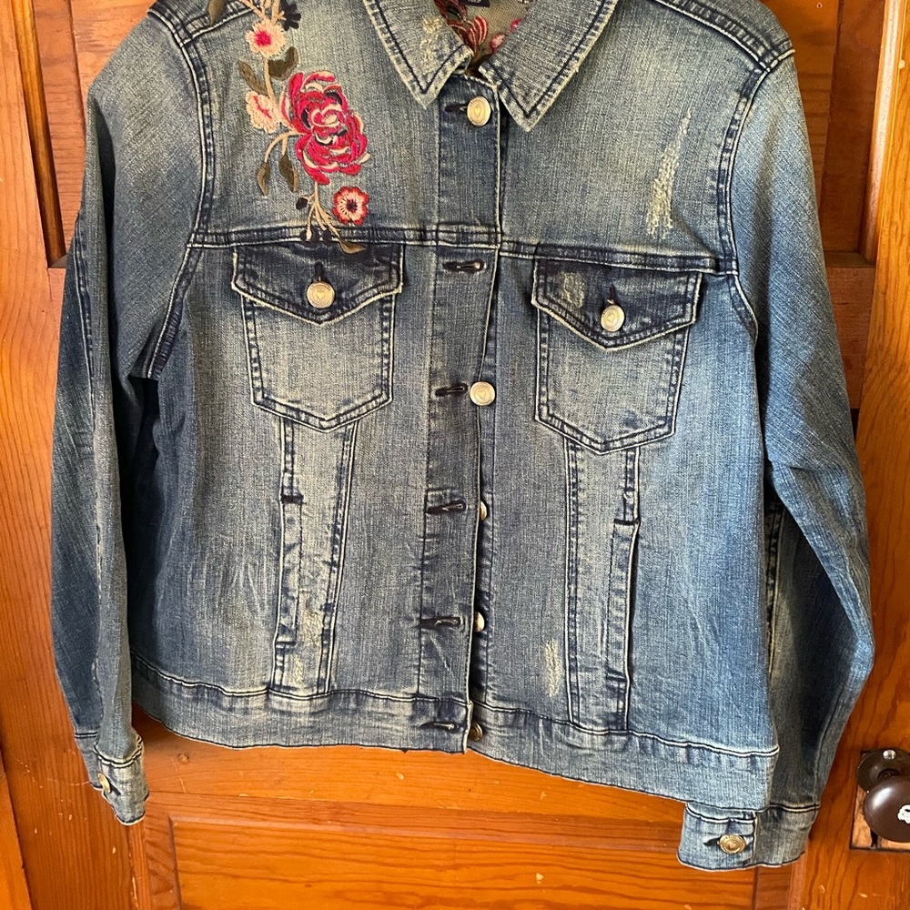 Denim 24/7 Blue Jean Jacket with Pink Floral Embroidery